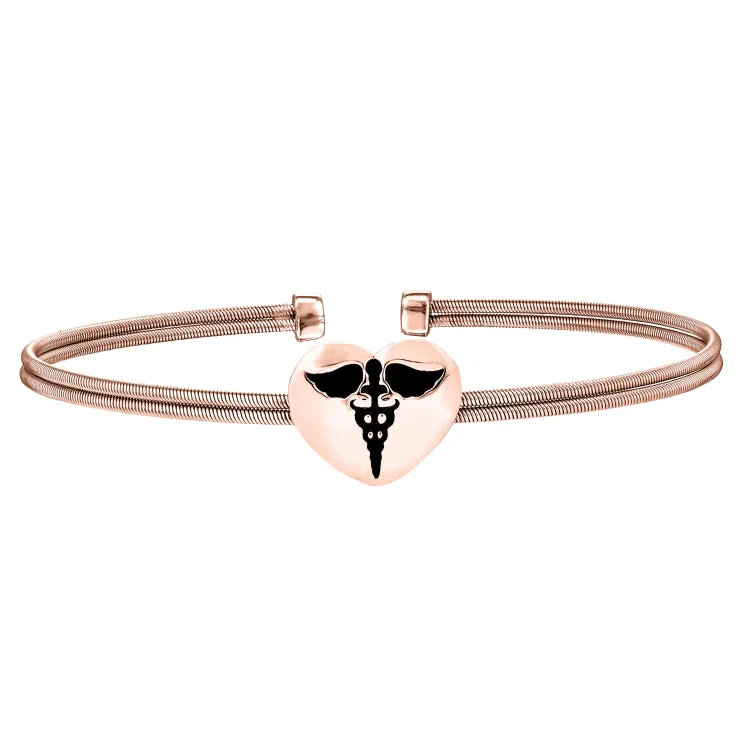 Iridescent opal bracelets -Rose Gold Finish Sterling Silver Two Cable Cuff Bracelet with a Centeral Heart with a Caduceus.