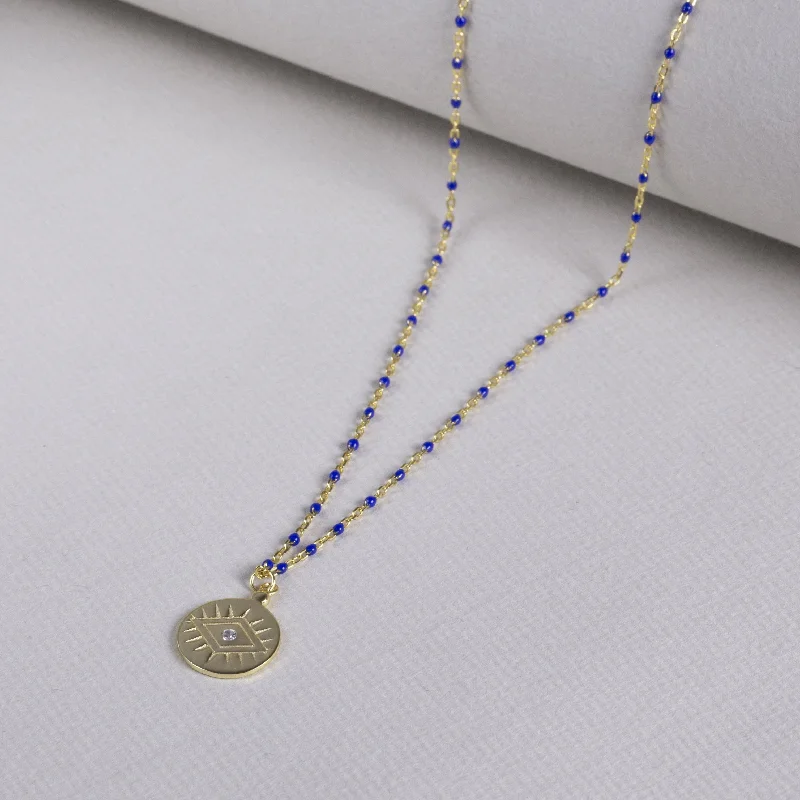 Ladies soulful essence necklaces -Coin Pendant Necklace with Gold Chain and Blue Beads