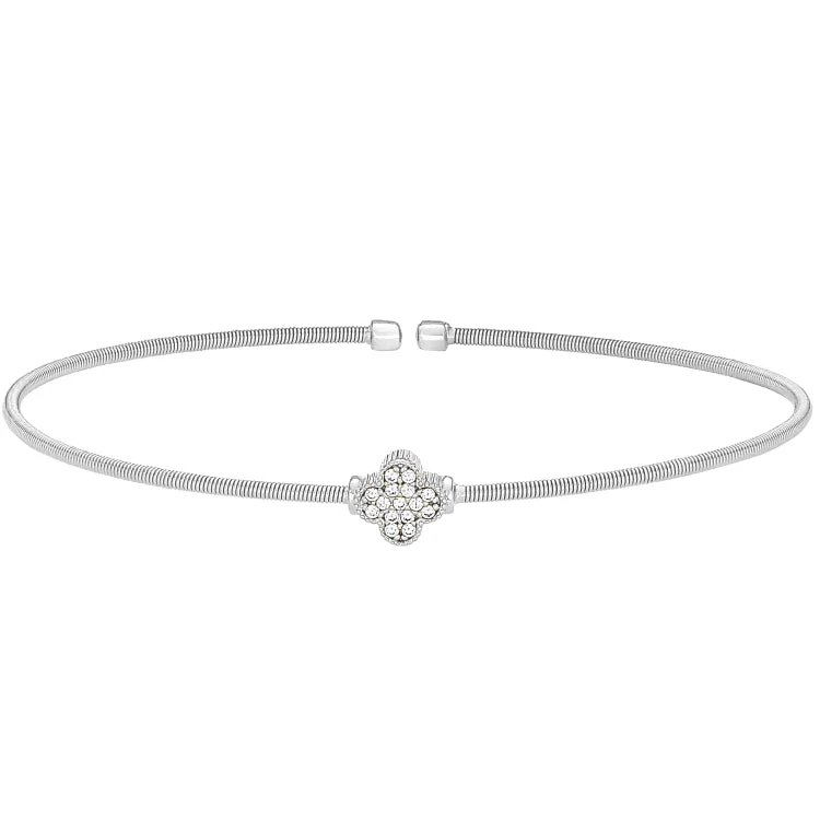 Glamorous party bracelets -Rhodium Finish Sterling Silver Cable Cuff Bracelet with Simulated Diamond Clover Design