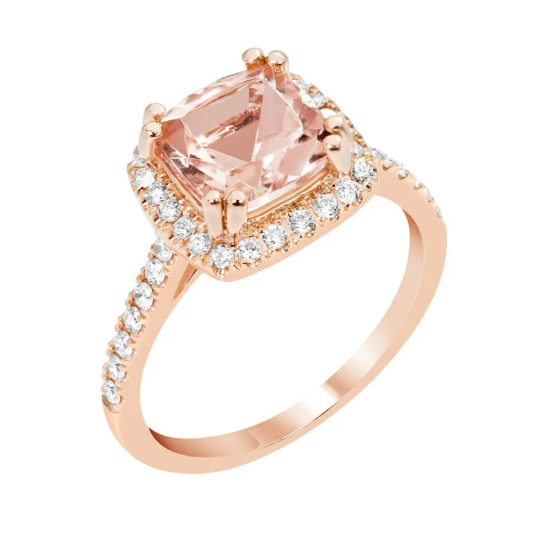 Ladies Rings with Pale Prehnite-14k Rose Gold 8mm Princess Cushion Morganite & Diamond Halo Ring