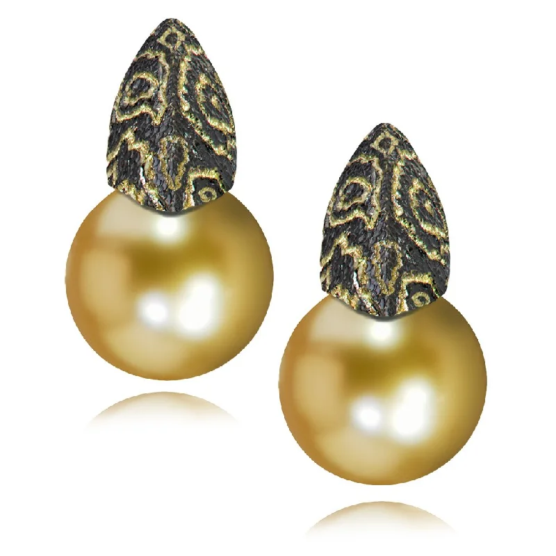 Ladies Earrings with Coral Shine-Gold Earrings with South Sea Golden Pearls