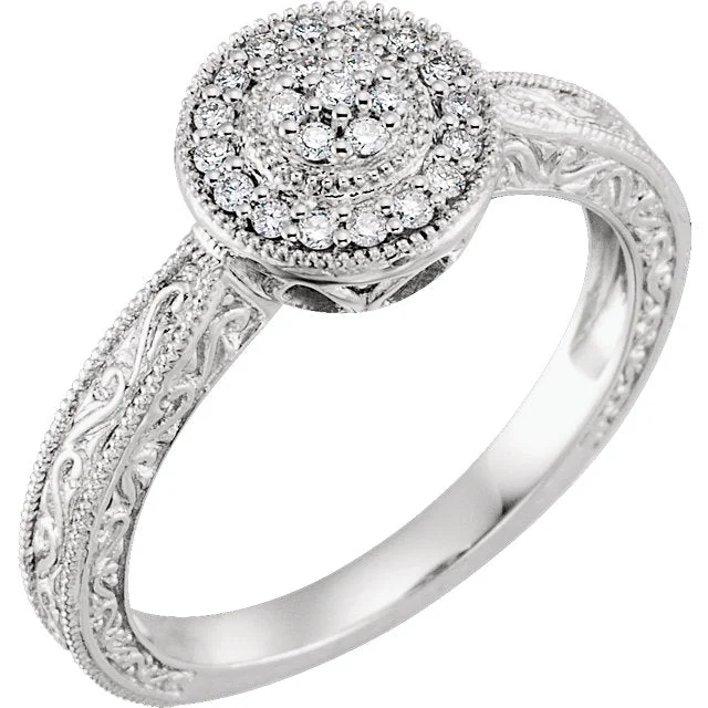 Ladies Rings Open Glow-10K White Gold 1/6 CTW Diamond Multi Stone Halo Filigree Carved Promise Ring