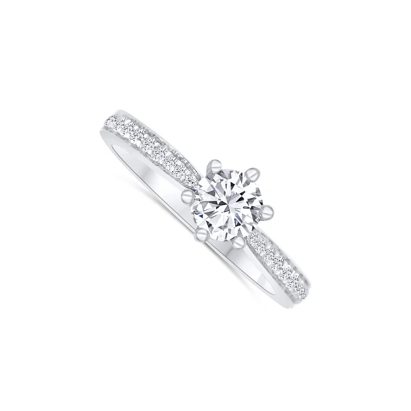 Ladies Engagement Rings Round Glow-18K White Gold Round 0.57 Carat Diamond Double Hidden Halo Engagement Ring