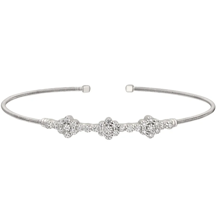 Wave curl bracelets -Rhodium Finish Sterling Silver Cable Cuff Bracelet with Three Clusters of Simulated Diamonds