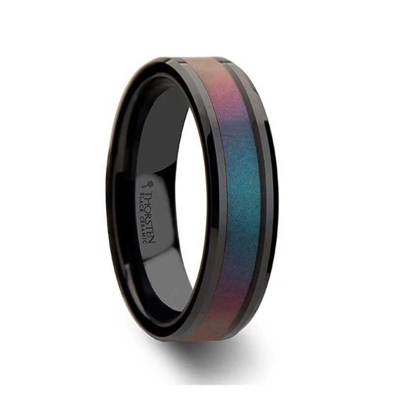 Ladies Rings for Kin Shine-Thorsten BARRACUDA Black Ceramic Ring with Bevels and Blue-Purple Color Changing Inlay - 6mm - 10mm