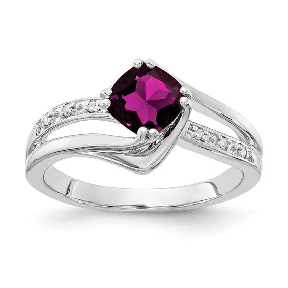 Ladies Rings Dark Glow-Sterling Silver Cushion Rhodolite Garnet and Diamond Ring Size 7