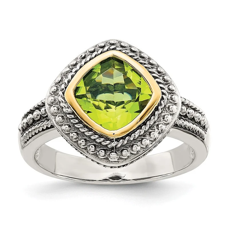 Ladies Rings with Teardrop Spark-Shey Couture Sterling Silver w/ 14k Gold Accents 8mm Cushion Cut Peridot Ring