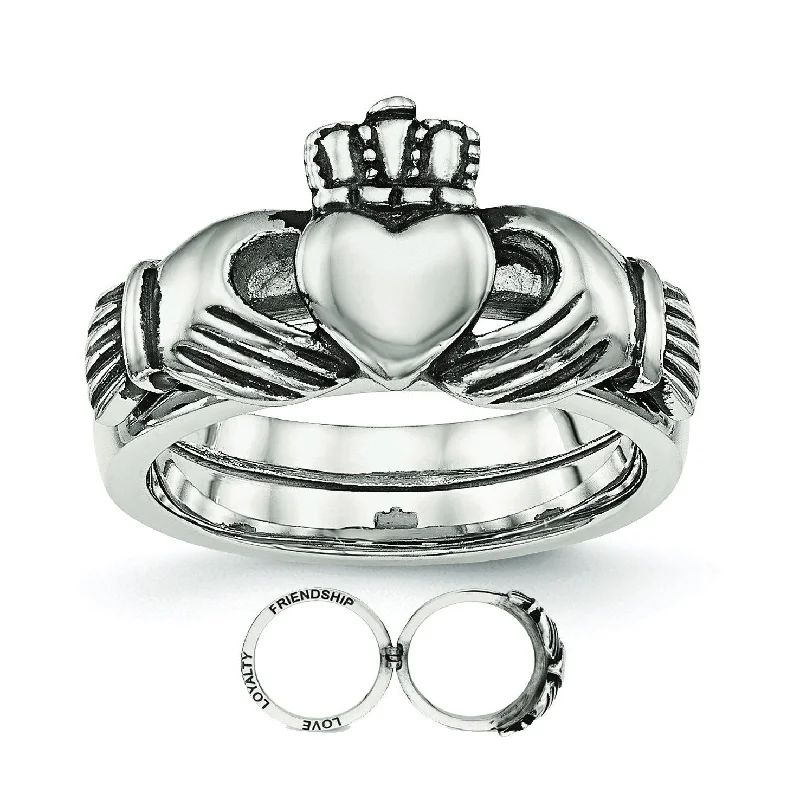 Ladies Rings with Key Spark-Stainless Steel Love, Loyalty, Friendship Claddagh Double Hinged Ring