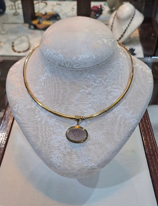 Ladies glossy finish necklaces -Necklace in 14k gold with a seal stone on a chalcedony