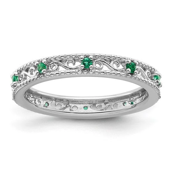 Ladies Rings in Warm Gold-Sterling Silver Stackable Expressions Created Emerald Filigree Ring