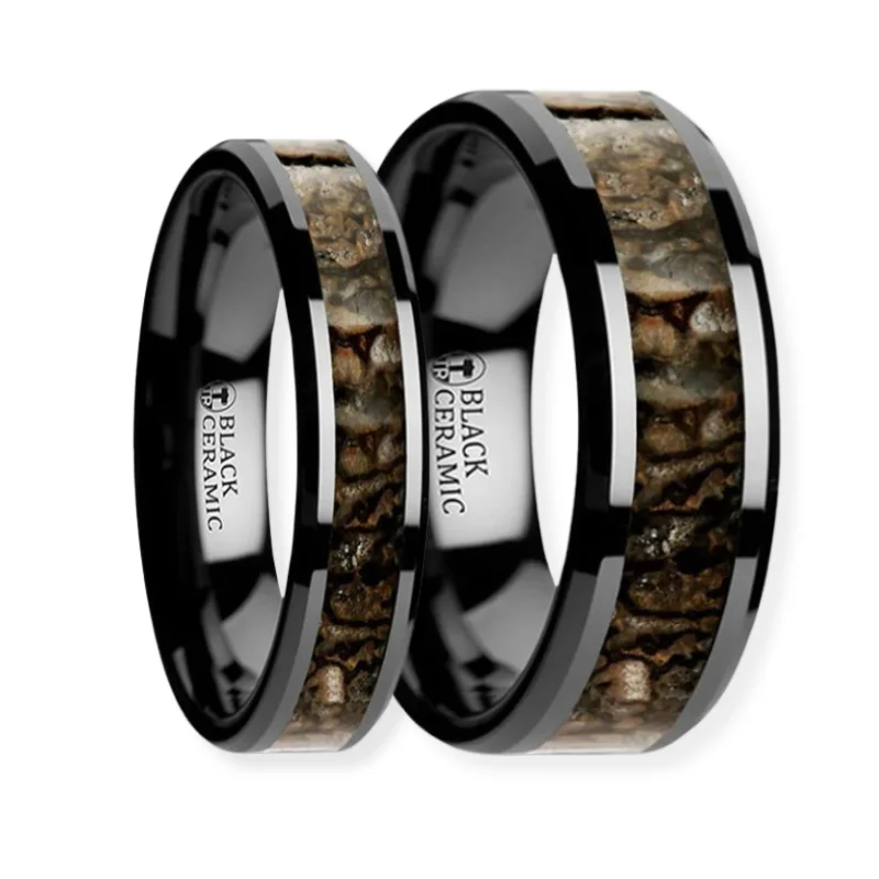 Ladies Rings with Green Emerald-Thorsten SILURIAN Dinosaur Bone Inlaid Black Ceramic Beveled Edged Ring 4 - 8mm