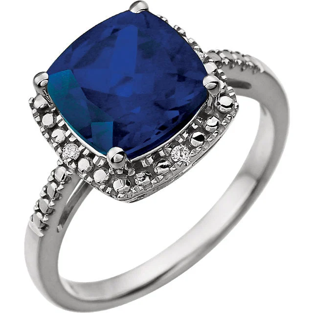 Ladies Rings with Coral Shine-14k White Gold 9mm Cushion Cut Created Blue Sapphire & Diamond Halo-Style Ring