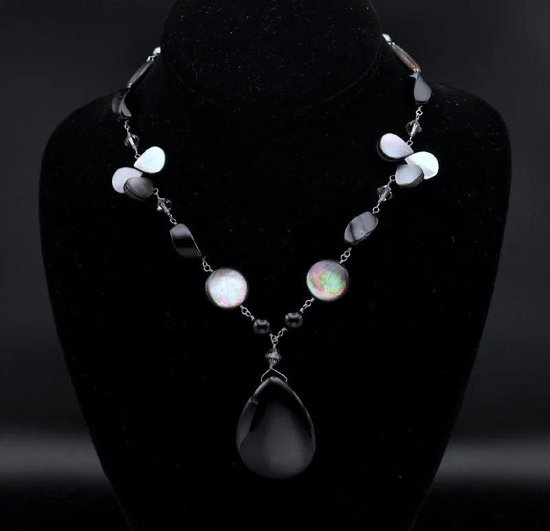 Ladies solar burst necklaces -Vintage Black Onyx Pendant Sterling Silver Beaded Hematite and Mother of Pearl Necklace