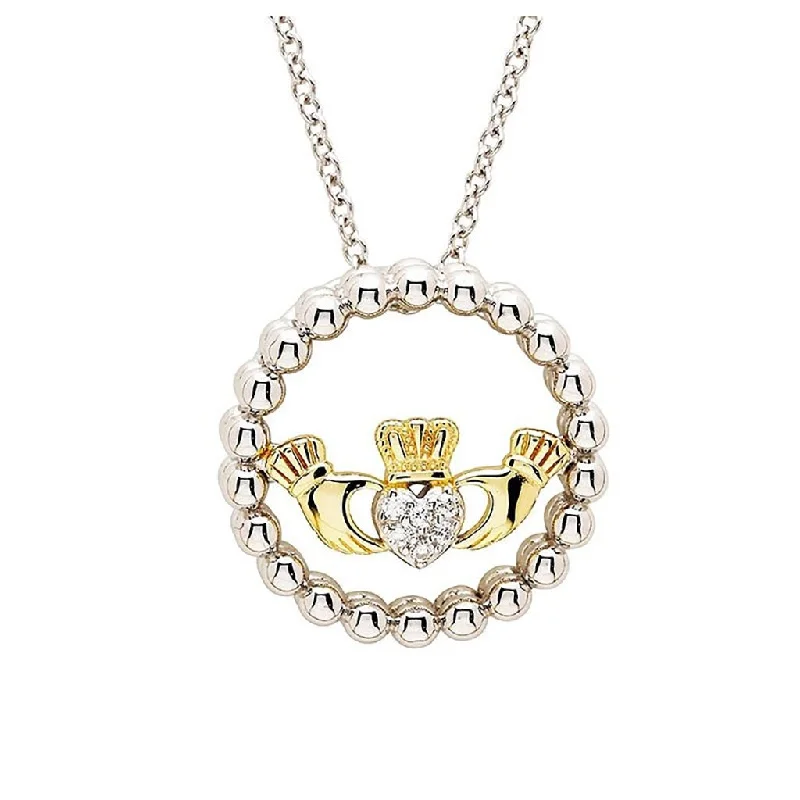 Shanore : Sterlin Silver CZ Claddagh Necklace with Gold Plate