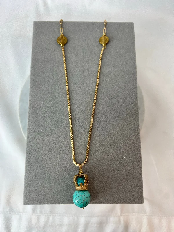 Ladies ethereal moonstone necklaces -Necklace - Bronze St. Edward's Crown on Turquoise Box/Paperclip Chain