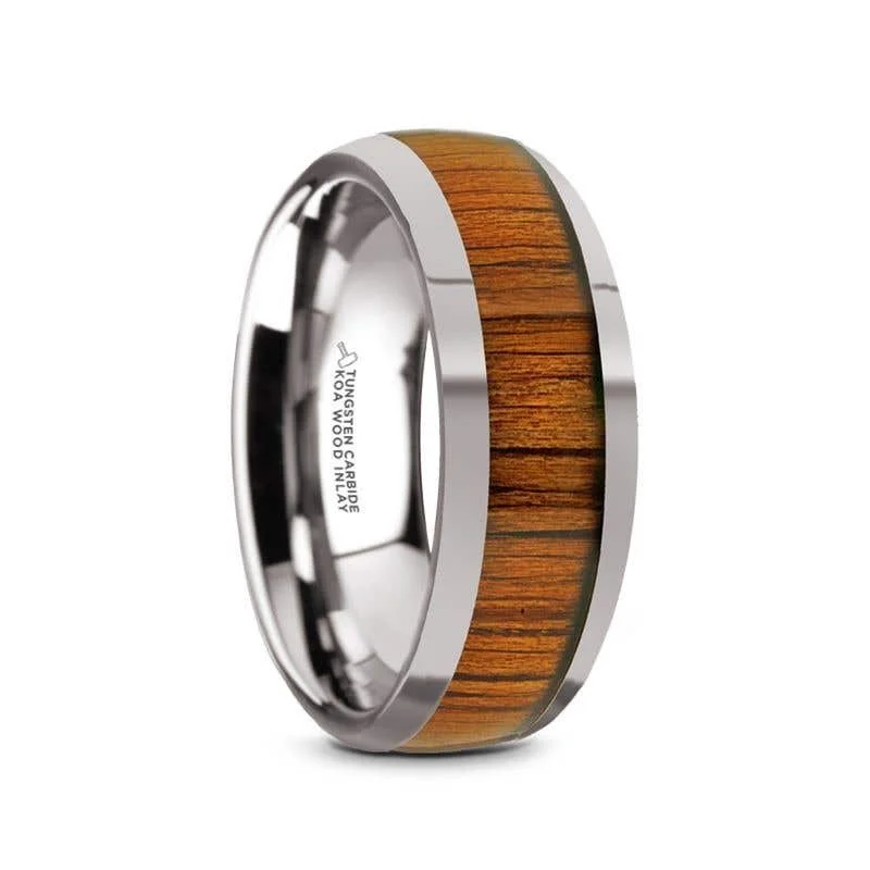 Ladies Engagement Rings Thin Glow-Thorsten KAMEHA Tungsten Domed Profile Polished Finish Men’s Wedding Ring with Koa Wood Inlay - 8mm