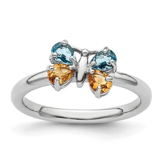 Ladies Rings Curved Glow-Sterling Silver Stackable Expressions Blue Topaz & Citrine Butterfly Ring