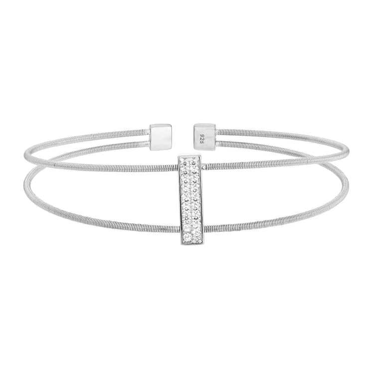 Muted tone bracelets -Rhodium Finish Sterling Silver Two Cable Cuff Bracelet with Rhodium Finish Simulated Diamond Double Row Vertical Bar