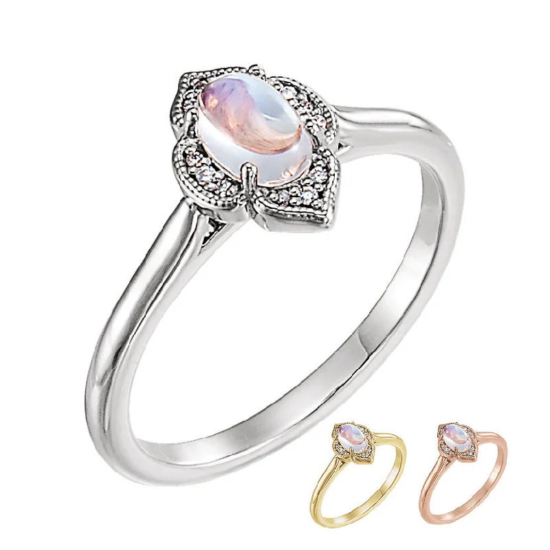 Ladies Rings in Warm Gold-14k Gold Rainbow Moonstone and .03 CTW Diamond Clover Ring