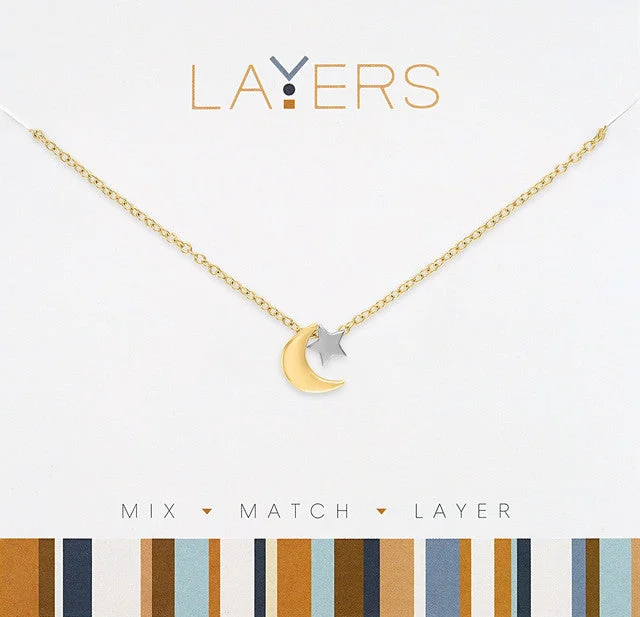 Ladies 10K gold pendant necklaces -Gold Two-Tone Moon & Star Layers Necklace