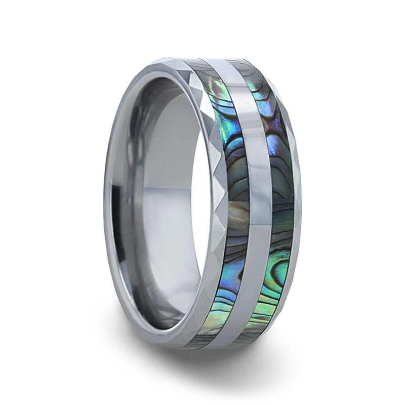 Ladies Rings with Clear Natrolite-Thorsten PAUA Double Abalone Shell Inlay Faceted Tungsten Ring With Beveled Polished Edges - 8mm