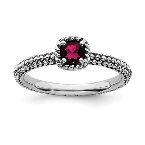 Ladies Rings with Jade Spark-Sterling Silver Stackable Expressions Cushion Cut Ruby Ring