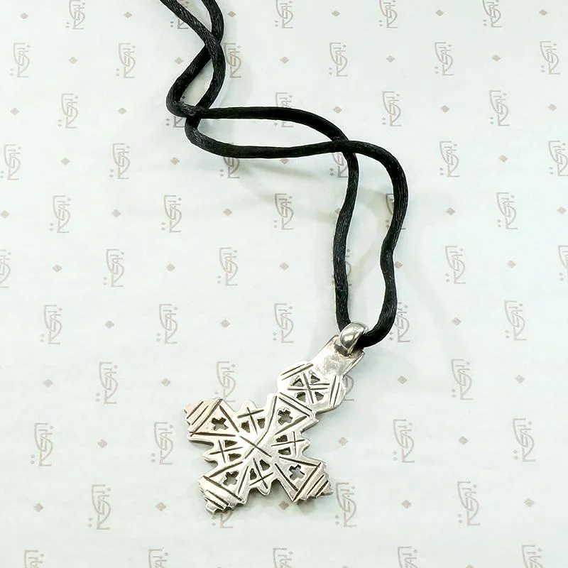 Ladies rustic leather necklaces -Sterling Silver Coptic Cross Satin Cord Necklace