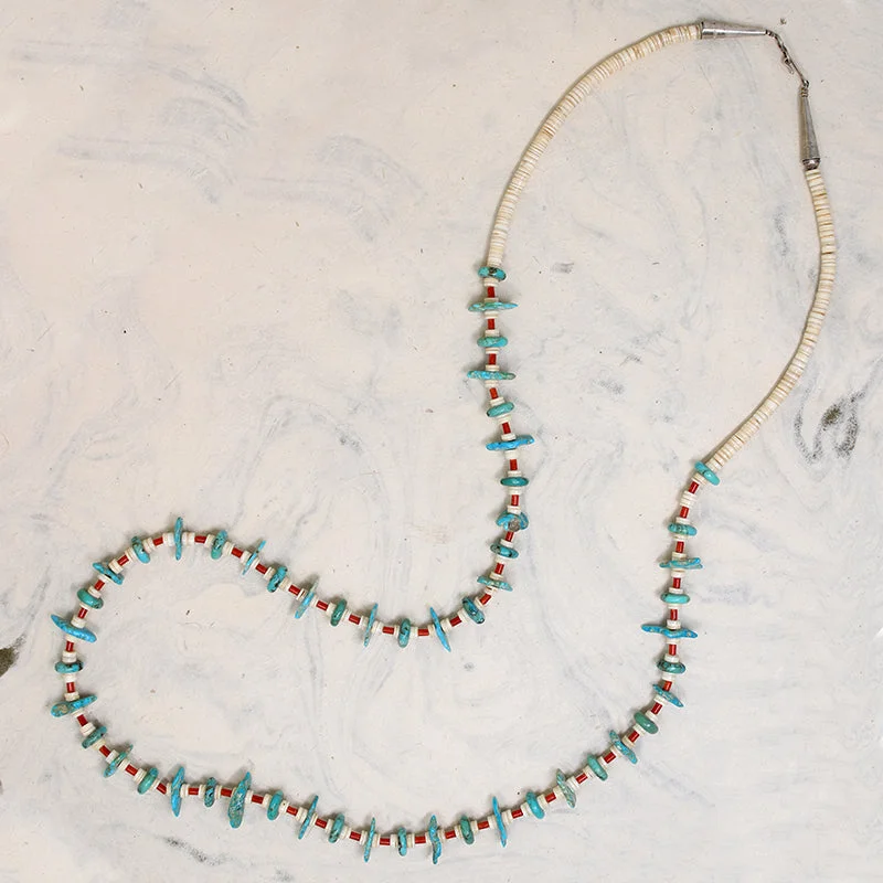 Ladies mermaid song necklaces -Turquoise Tabs, Coral Tubes & Shell Heishi Bead Necklace