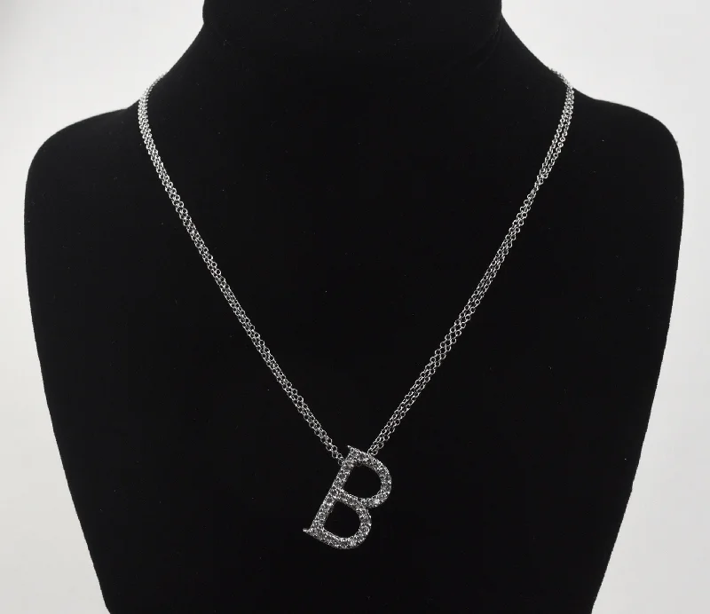 Ladies rolling wave necklaces -Sterling Silver Cubic Zirconia "B" Pendant on Double Strand Sterling Silver Chain Necklace - 20"