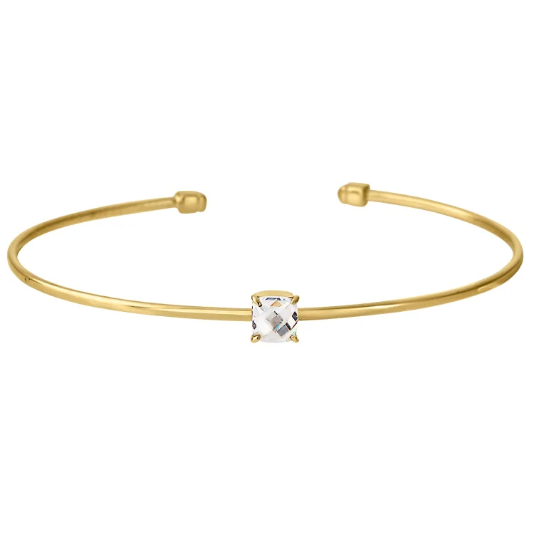 Petal dance bracelets -Gold Finish Sterling Silver Pliable Cuff Bracelet with Faceted Cushion Cut Simulated Diamond Birth Gem - April