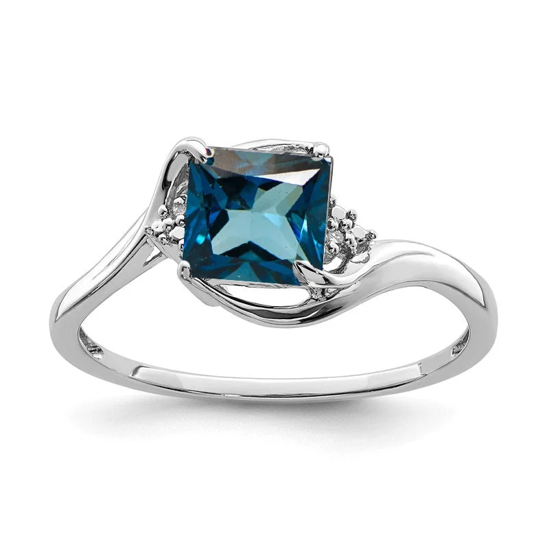 Ladies Rings with Grey Lawsonite-Sterling Silver Diamond & London Blue Topaz Princess Cut Ring