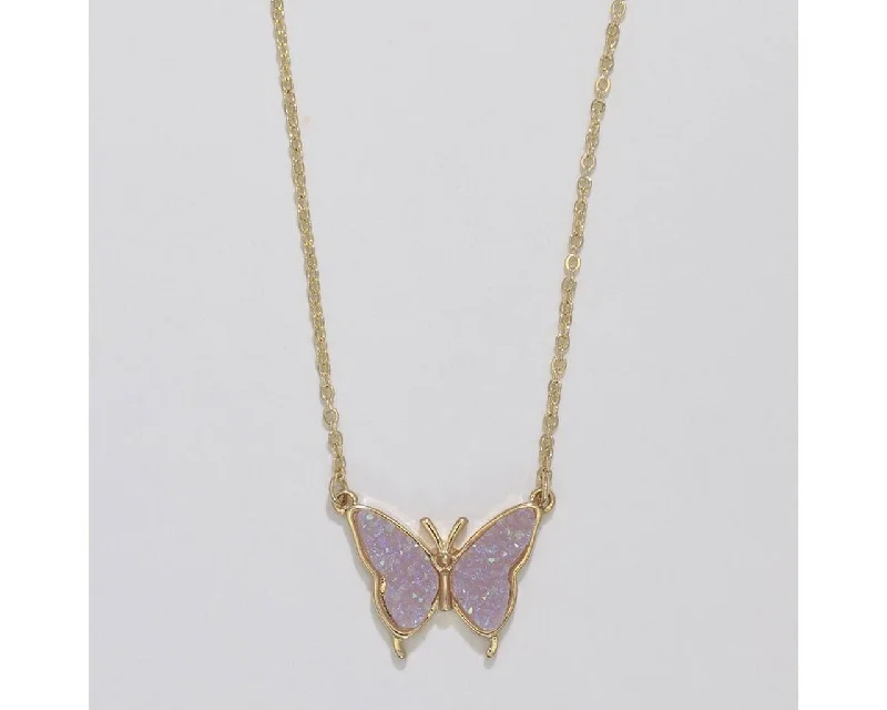 Ladies orbit charm necklaces -Periwinkle by Barlow : Gold Butterflies with Lavender Druzy Wings - Necklace