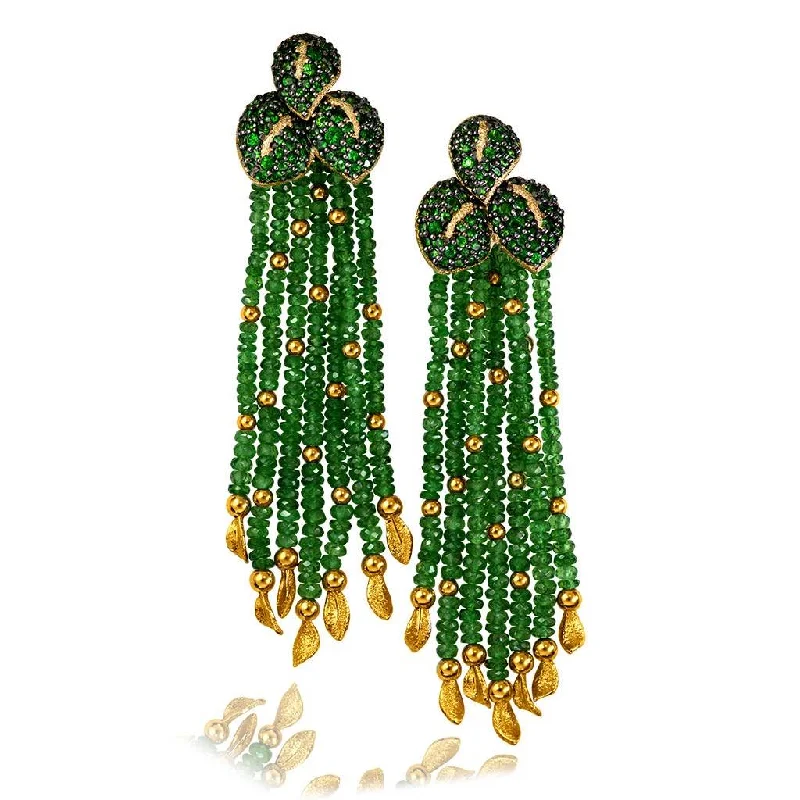 Ladies Earrings Fresh Spark-Gold Sunflower Leaf Tassel Earrings with Tsavorites