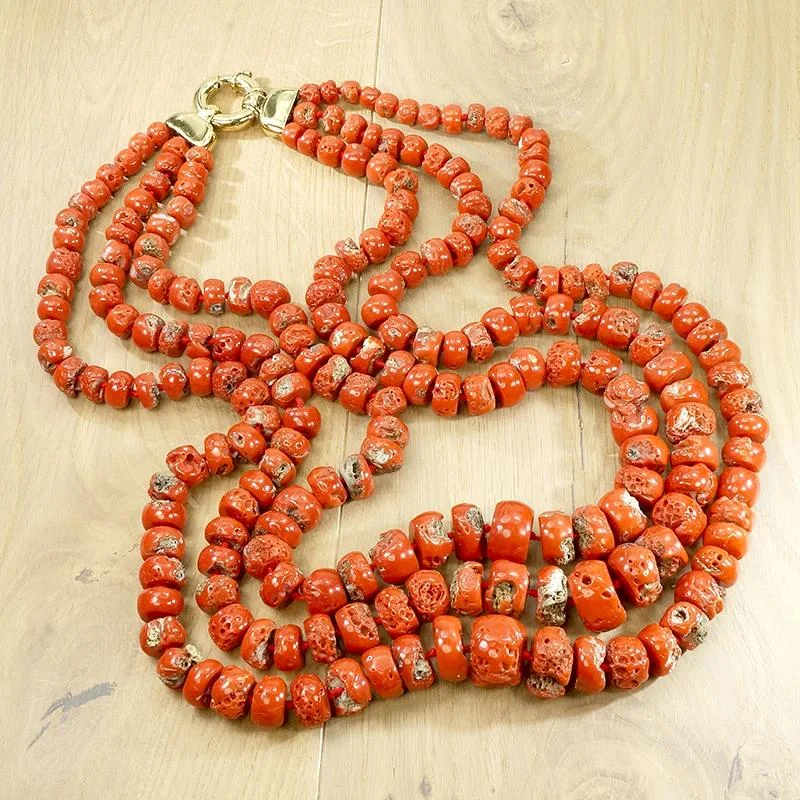 Ladies iridescent opal necklaces -Three Strand Red Organic Bead Statement Necklace