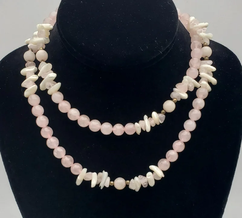 Ladies lively spirit necklaces -Rose Quartz and Shell Bead Necklace - 32"