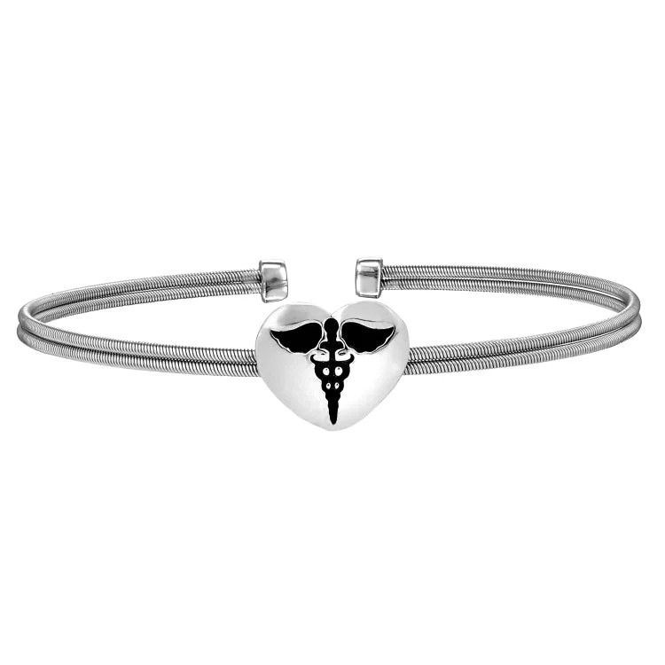 Multicolored prism bracelets -Rhodium Finish Sterling Silver Two Cable Cuff Bracelet with a Centeral Heart with a Caduceus.