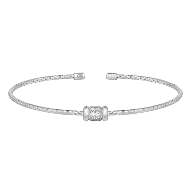 Key motif bracelets -Rhodium Finish Sterling Silver Corean Cable Cuff Bracelet with a Barrell with Simulated Diamonds