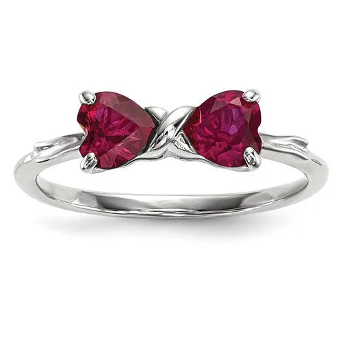 Ladies Rings with Violet Amethyst-14k White Gold Created Ruby 2- Stone Heart Bow Ring