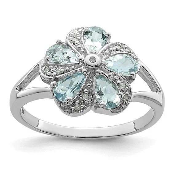 Ladies Rings with Blue Sapphire-Sterling Silver Genuine Aquamarine Diamond Flower Ring