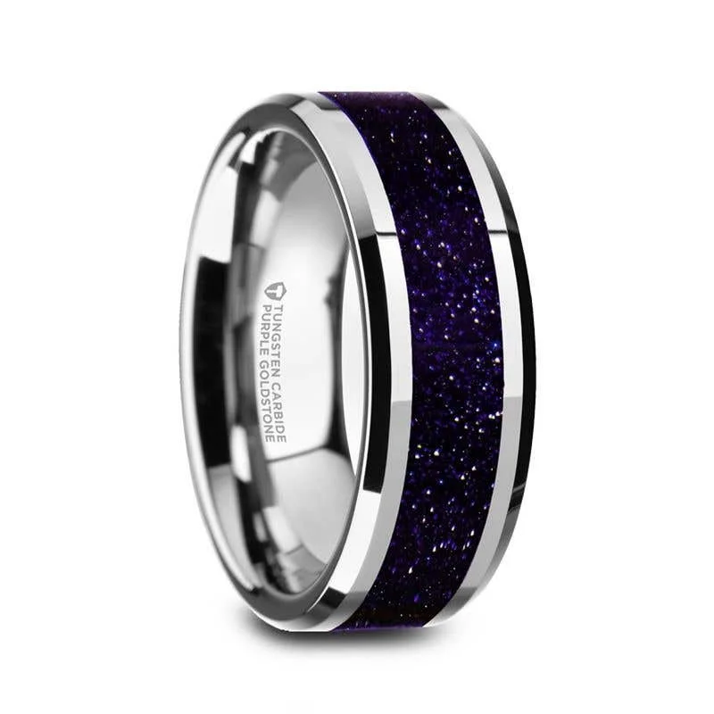 Ladies Engagement Rings with Variscite Shine-Thorsten MAKI Beveled Polished Finish Tungsten Wedding Ring with Purple Goldstone Inlay - 8mm