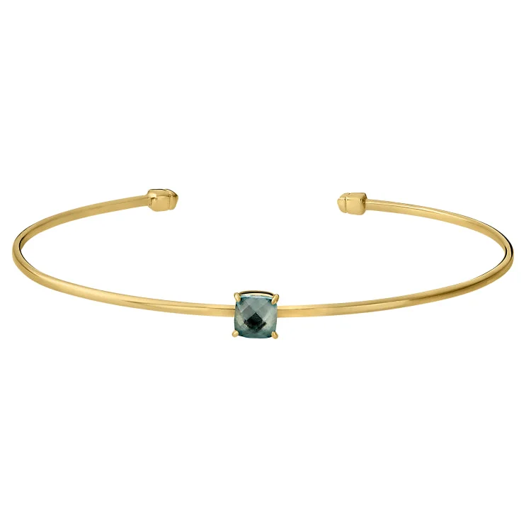 Zirconia brilliance bracelets -Gold Finish Sterling Silver Pliable Cuff Bracelet with Faceted Cushion Cut Simulated Blue Topaz Birth Gem - December