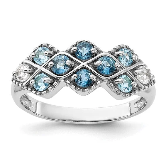 Ladies Rings with Etched Spark-Sterling Silver London, Swiss Blue and White Topaz Ring