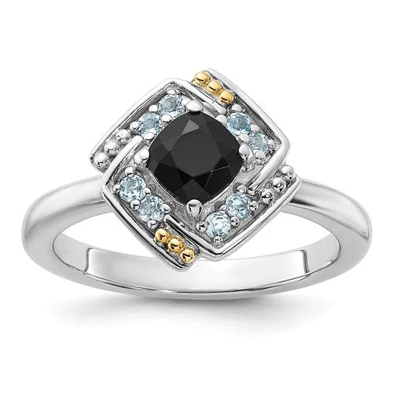 Ladies Rings Simple Shine-Shey Couture Sterling Silver with 14k Accent Onyx and Swiss Blue Topaz Ring