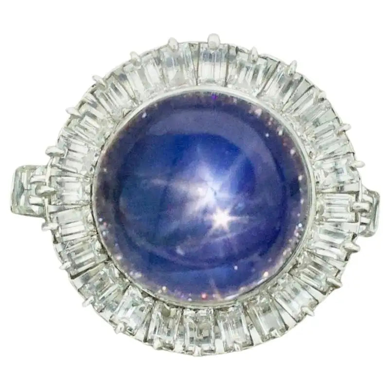 Ladies Rings Ethnic Spark-Blue Star Sapphire and Diamond Ring in Platinum circa 1950's