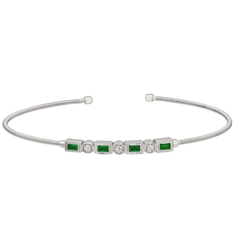 Fanciful twist bracelets -Rhodium Finish Sterling Silver Cable Cuff Bracelet with Simulated Emeralds and Simulated Diamonds