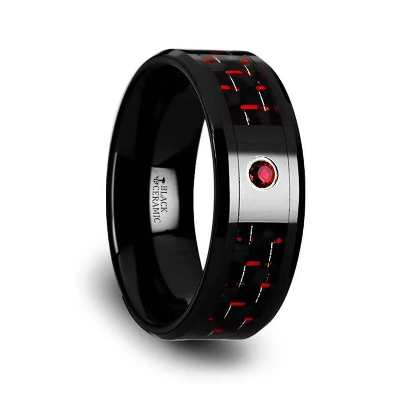 Ladies Rings Fresh Spark-Thorsten SORRELL Black Ceramic Ring Black and Red Carbon Fiber Ruby Setting - 8mm