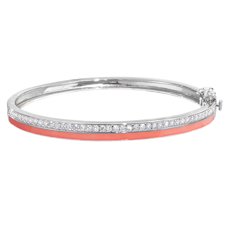 Rosy gold bracelets -Platinum Finish Sterling Silver Micropave Hinged Bangle Bracelet with with Coral Enamel and Simulated Diamonds