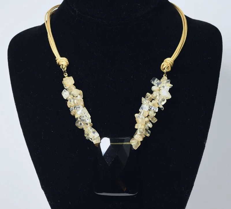 Ladies evening radiance necklaces -Multi-Strand Faux Golden Rutilated Quartz Nugget Bead Necklace with Faux Smoky Quartz Pendant