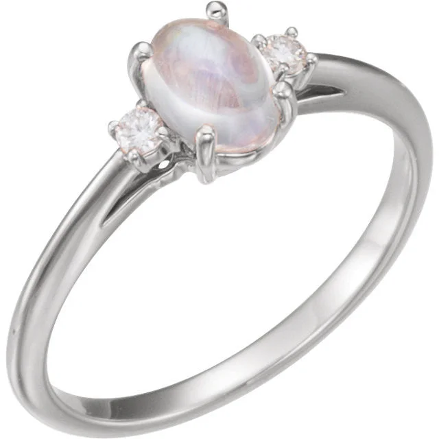 Ladies Rings with Gold Fibrolite-Oval 7x5mm Rainbow Moonstone & Diamond Ring - Sterling Silver or 14k White Yellow or Rose Gold