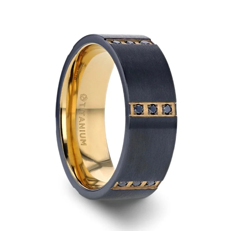 Ladies Rings Luxe Spark-Thorsten MURAMASA Flat Brushed Black Titanium Ring Gold Plated Inside with 6 Gold Plated Stainless Steel Bezels Triple Black Diamond Setting